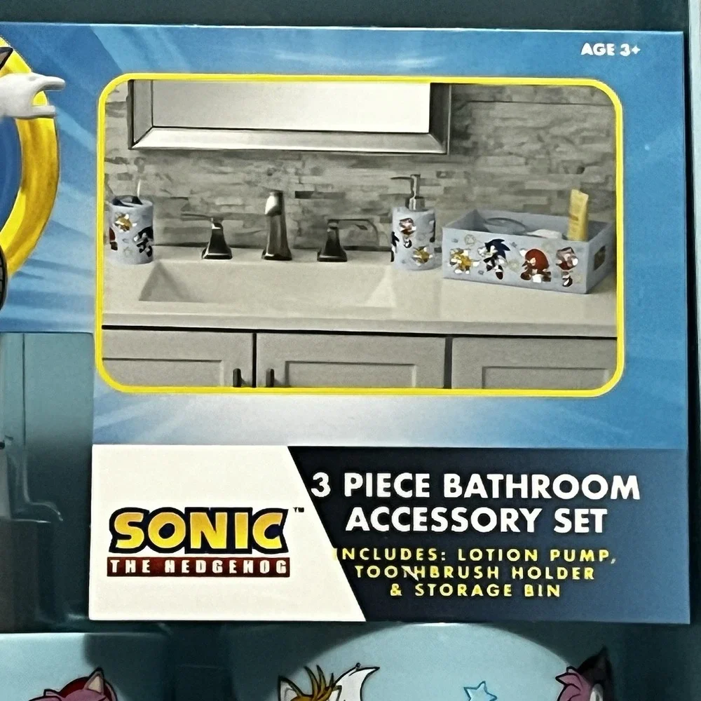 NEW Sonic 3pc Bathroom Accessory‎ Set Toothbrush Cup~Soap Pump~Storage Bin
